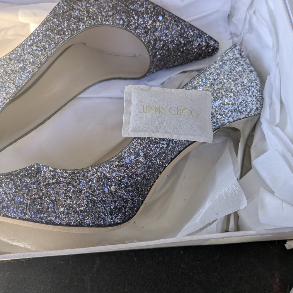 Jimmy Choo Silver Glitter Heels with Pointed Toe